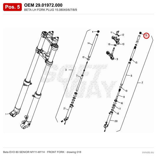 BETA LH FORK PLUG 15.08045/6/7/8/9 – OEM 29.01972.000, position 5 on the Beta EVO 80 SENIOR MY11-MY14 front fork drawing