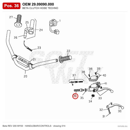 BETA CLUTCH HOSE TECHNO – OEM 29.09090.000, position 36 on the Beta REV 200 MY05 handlebar/controls drawing