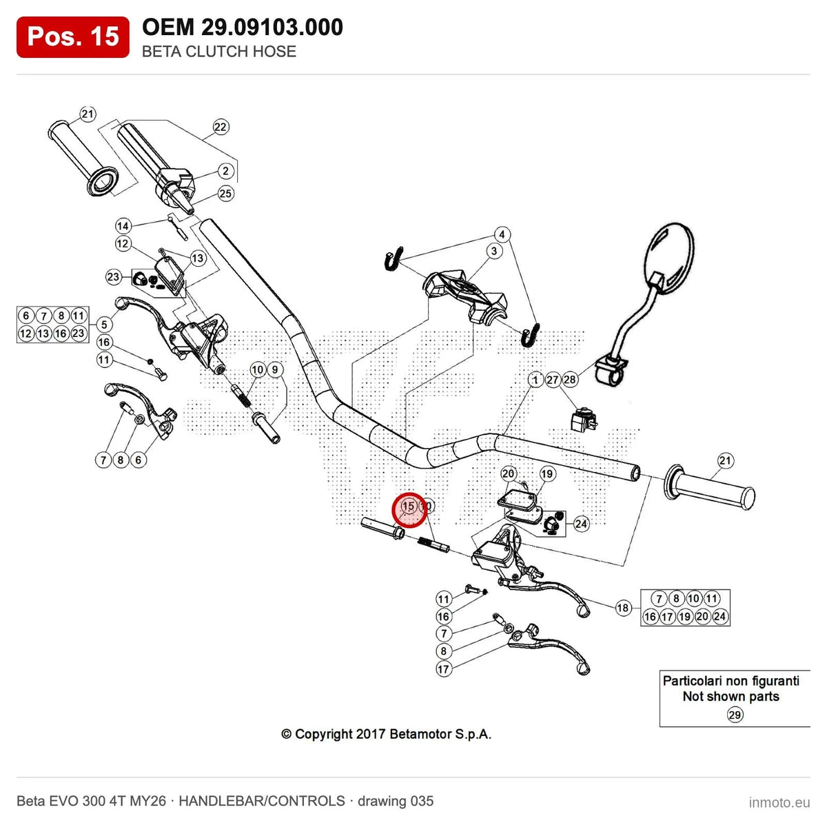 BETA CLUTCH HOSE – OEM 29.09103.000, position 15 on the Beta EVO 300 4T MY26 handlebar/controls drawing