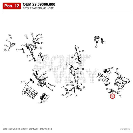 BETA REAR BRAKE HOSE – OEM 29.09366.000, position 12 on the Beta REV 250 4T MY08 brakes drawing