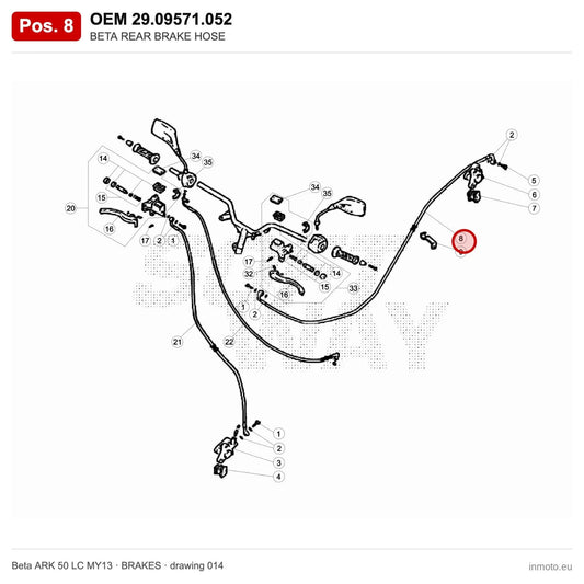 BETA REAR BRAKE HOSE – OEM 29.09571.052, position 8 on the Beta ARK 50 LC MY13 brakes drawing