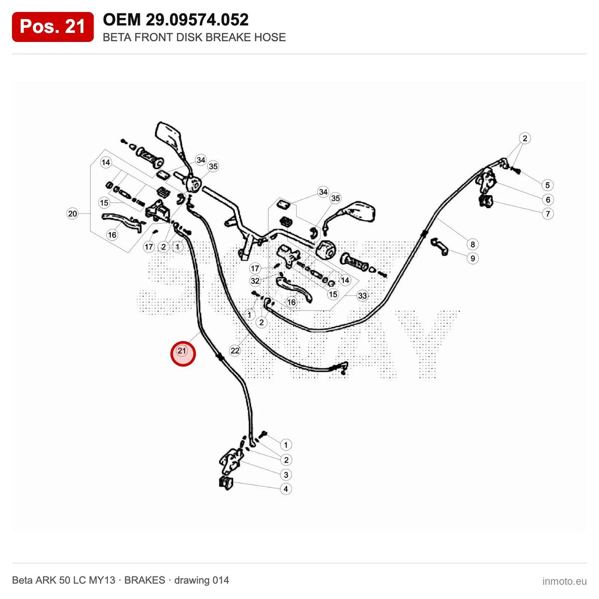 BETA FRONT DISK BREAKE HOSE – OEM 29.09574.052, position 21 on the Beta ARK 50 LC MY13 brakes drawing