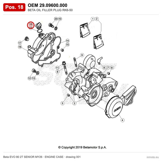 BETA OIL FILLER PLUG RK6-50 – OEM 29.09600.000, position 18 on the Beta EVO 80 2T SENIOR MY26 engine case drawing