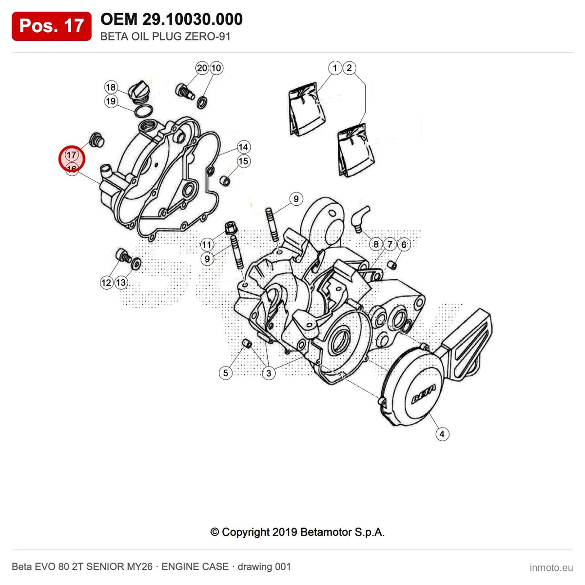 BETA OIL PLUG ZERO-91 – OEM 29.10030.000, position 17 on the Beta EVO 80 2T SENIOR MY26 engine case drawing