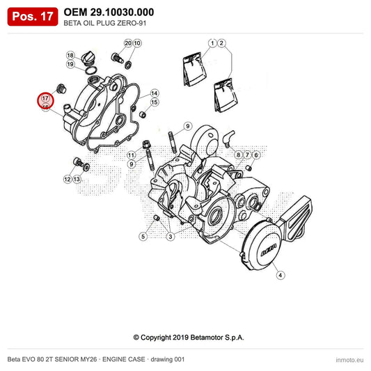 BETA OIL PLUG ZERO-91 – OEM 29.10030.000, position 17 on the Beta EVO 80 2T SENIOR MY26 engine case drawing