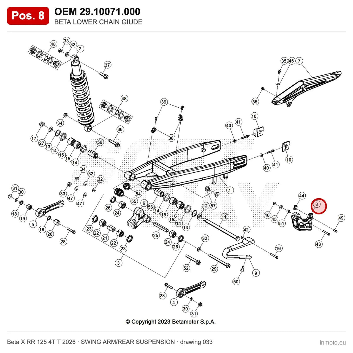 BETA LOWER CHAIN GIUDE – OEM 29.10071.000, position 8 on the Beta X RR 125 4T T 2026 swing arm/rear suspension drawing