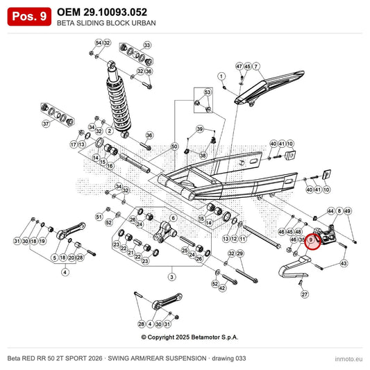 BETA SLIDING BLOCK URBAN – OEM 29.10093.052, position 9 on the Beta RED RR 50 2T SPORT 2026 swing arm/rear suspension drawing