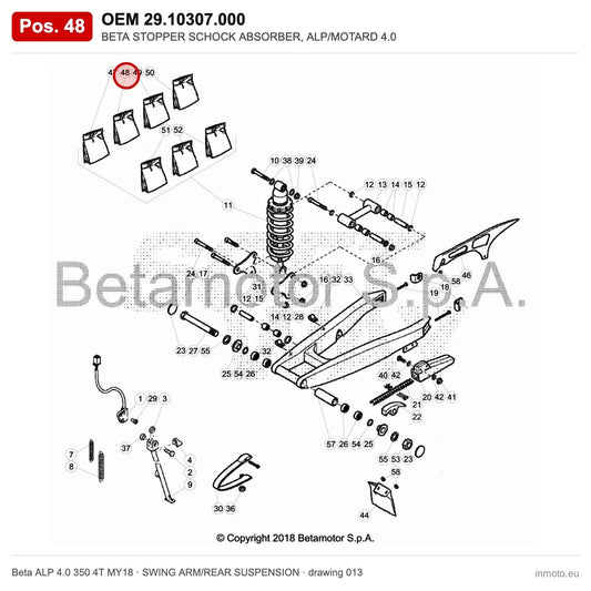 BETA STOPPER SCHOCK ABSORBER, ALP/MOTARD 4.0 – OEM 29.10307.000, position 48 on the Beta ALP 4.0 350 4T MY18 swing arm/rear suspension drawing