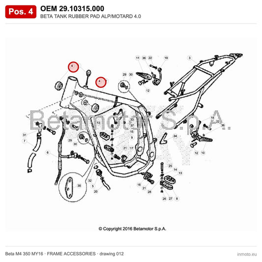 BETA TANK RUBBER PAD ALP/MOTARD 4.0 – OEM 29.10315.000, position 4 on the Beta M4 350 MY16 frame accessories drawing