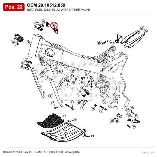 BETA FUEL TANK PLUG W/BREATHER VALVE – OEM 29.10512.859, position 22 on the Beta REV 250 4T MY08 frame accessories drawing