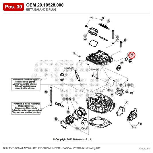 BETA BALANCE PLUG – OEM 29.10528.000, position 30 on the Beta EVO 300 4T MY26 cylinder/cylinder head/valvetrain drawing