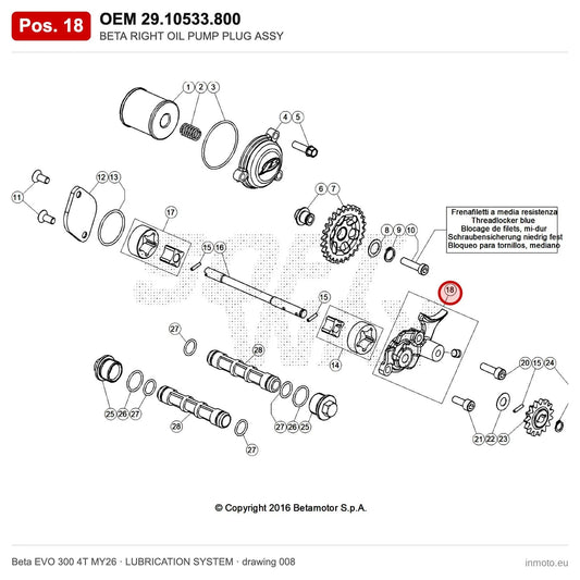 BETA RIGHT OIL PUMP PLUG ASSY – OEM 29.10533.800, position 18 on the Beta EVO 300 4T MY26 lubrication system drawing