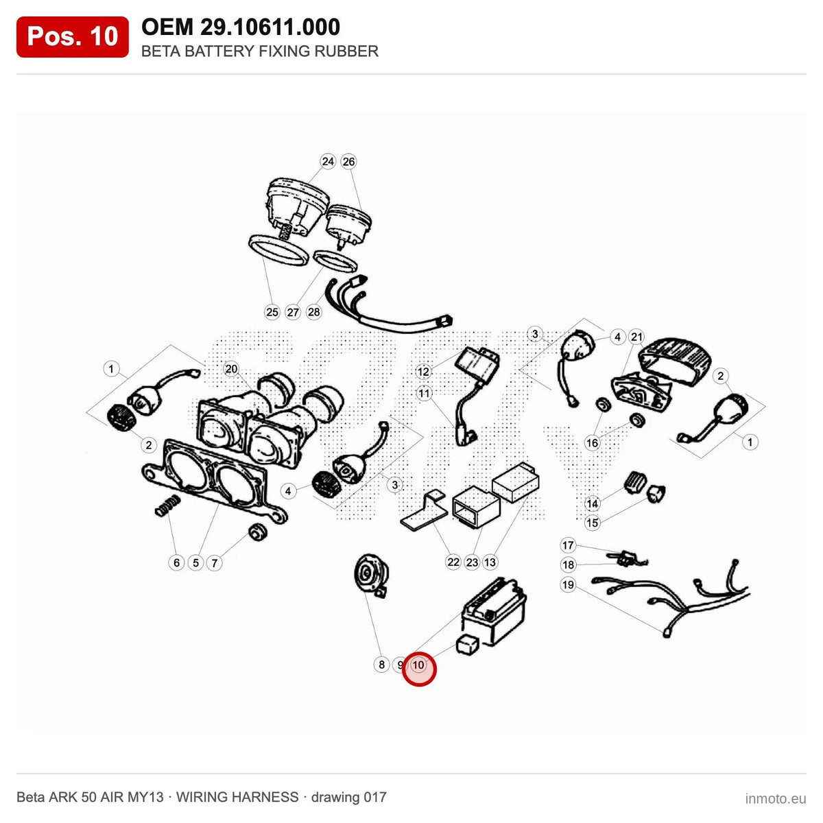 BETA BATTERY FIXING RUBBER – OEM 29.10611.000, position 10 on the Beta ARK 50 AIR MY13 wiring harness drawing