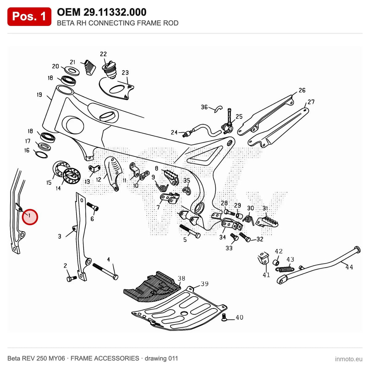 BETA RH CONNECTING FRAME ROD – OEM 29.11332.000, position 1 on the Beta REV 250 MY06 frame accessories drawing