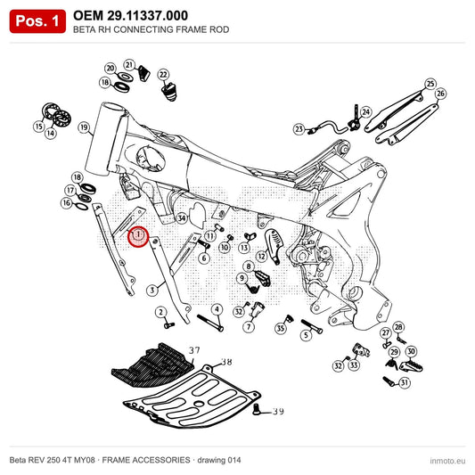 BETA RH CONNECTING FRAME ROD – OEM 29.11337.000, position 1 on the Beta REV 250 4T MY08 frame accessories drawing