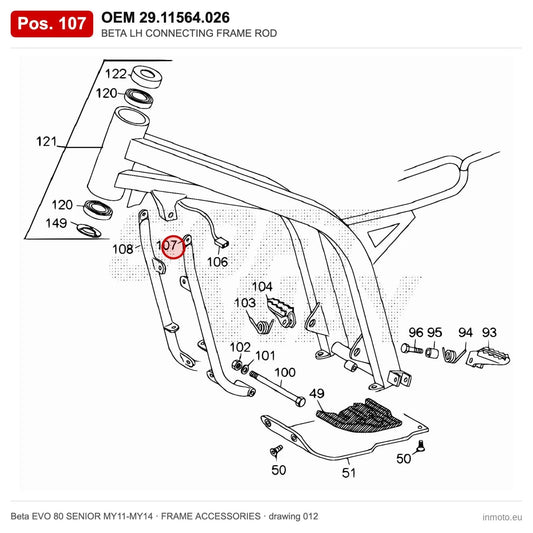 BETA LH CONNECTING FRAME ROD – OEM 29.11564.026, position 107 on the Beta EVO 80 SENIOR MY11-MY14 frame accessories drawing