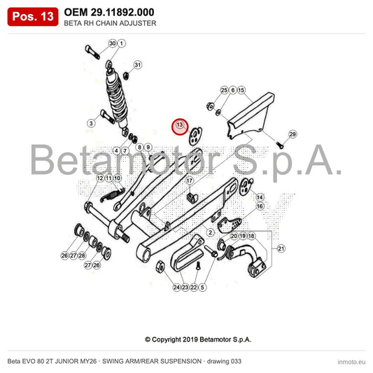 BETA RH CHAIN ADJUSTER – OEM 29.11892.000, position 13 on the Beta EVO 80 2T JUNIOR MY26 swing arm/rear suspension drawing