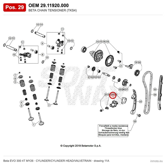 BETA CHAIN TENSIONER (TKS4) – OEM 29.11920.000, position 29 on the Beta EVO 300 4T MY26 cylinder/cylinder head/valvetrain drawing