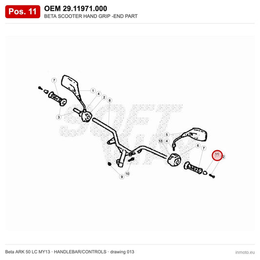BETA SCOOTER HAND GRIP -END PART – OEM 29.11971.000, position 11 on the Beta ARK 50 LC MY13 handlebar/controls drawing