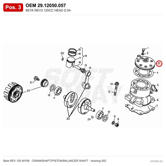 BETA REV3 125CC HEAD D.54 – OEM 29.12050.057, position 3 on the Beta REV 125 MY08 crankshaft/piston/balancer shaft drawing