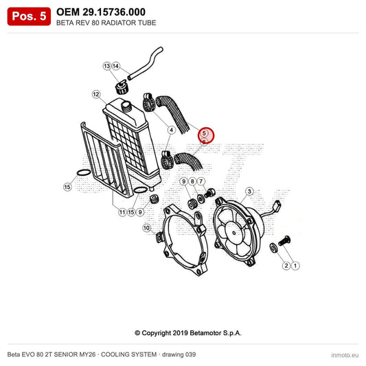 BETA REV 80 RADIATOR TUBE – OEM 29.15736.000, position 5 on the Beta EVO 80 2T SENIOR MY26 cooling system drawing