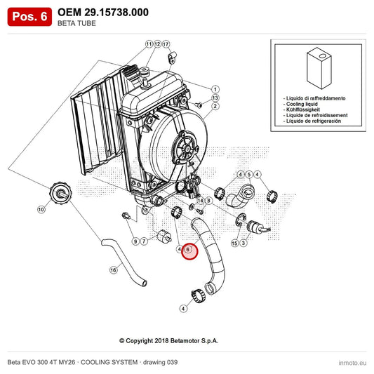 BETA TUBE – OEM 29.15738.000, position 6 on the Beta EVO 300 4T MY26 cooling system drawing