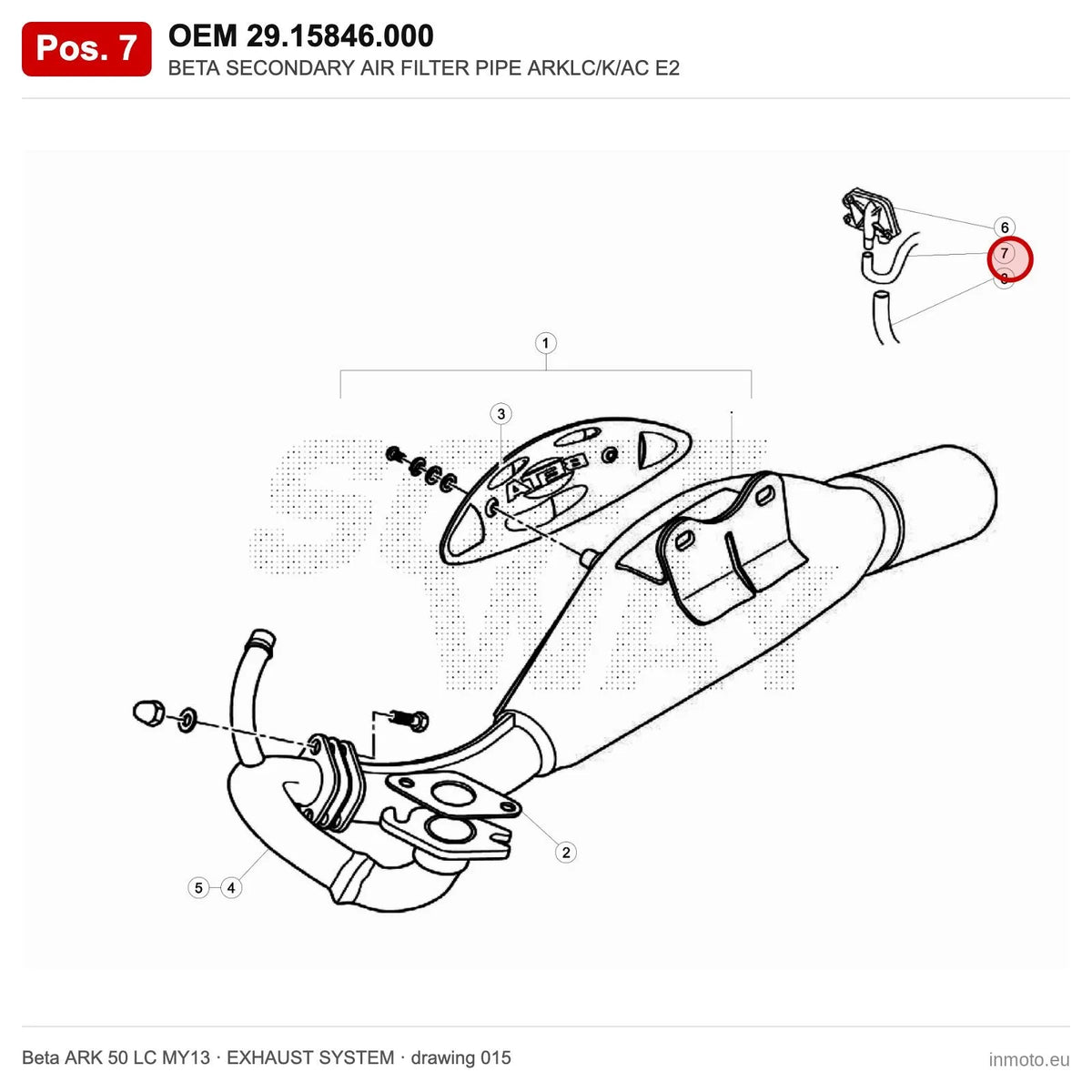 BETA SECONDARY AIR FILTER PIPE ARKLC/K/AC E2 – OEM 29.15846.000, position 7 on the Beta ARK 50 LC MY13 exhaust system drawing