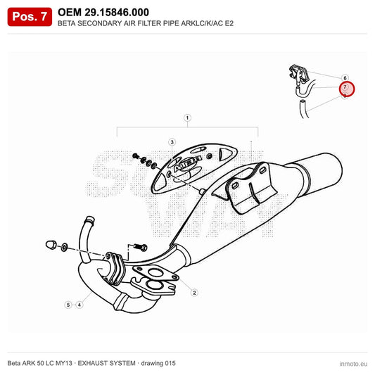 BETA SECONDARY AIR FILTER PIPE ARKLC/K/AC E2 – OEM 29.15846.000, position 7 on the Beta ARK 50 LC MY13 exhaust system drawing