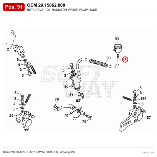 BETA REV3 -125- RADIATOR-WATER PUMP HOSE – OEM 29.15862.000, position 91 on the Beta EVO 80 JUNIOR MY11-MY14 brakes drawing