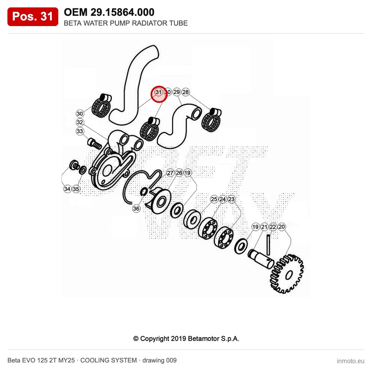 BETA WATER PUMP RADIATOR TUBE – OEM 29.15864.000, position 31 on the Beta EVO 125 2T MY25 cooling system drawing