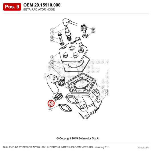 BETA RADIATOR HOSE – OEM 29.15910.000, position 9 on the Beta EVO 80 2T SENIOR MY26 cylinder/cylinder head/valvetrain drawing