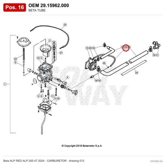 BETA TUBE – OEM 29.15962.000, position 16 on the Beta ALP RED ALP 200 4T 2024 carburetor drawing