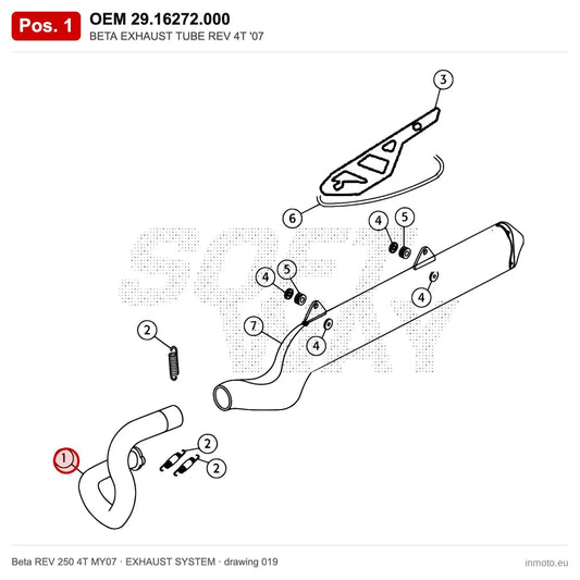 BETA EXHAUST TUBE REV 4T '07 – OEM 29.16272.000, position 1 on the Beta REV 250 4T MY07 exhaust system drawing