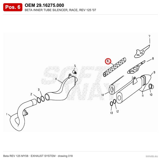 BETA INNER TUBE SILENCER, RACE, REV 125 '07 – OEM 29.16275.000, position 6 on the Beta REV 125 MY08 exhaust system drawing