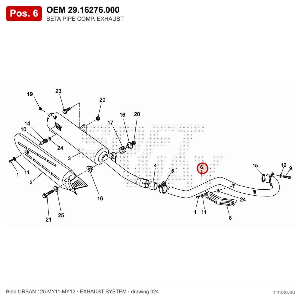 BETA PIPE COMP. EXHAUST – OEM 29.16276.000, position 6 on the Beta URBAN 125 MY11-MY12 exhaust system drawing