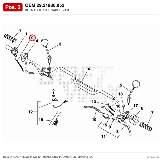 BETA THROTTLE CABLE, VAM – OEM 29.21986.052, position 2 on the Beta URBAN 125 MY11-MY12 handlebar/controls drawing