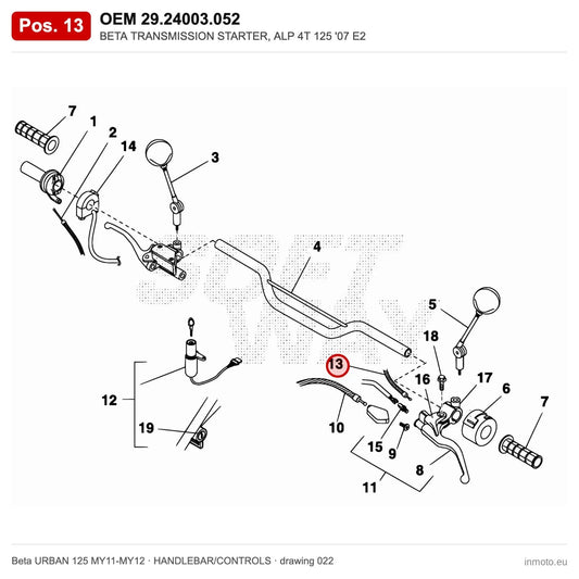 BETA TRANSMISSION STARTER, ALP 4T 125 '07 E2 – OEM 29.24003.052, position 13 on the Beta URBAN 125 MY11-MY12 handlebar/controls drawing