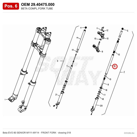 BETA COMPL.FORK TUBE – OEM 29.40475.000, position 6 on the Beta EVO 80 SENIOR MY11-MY14 front fork drawing