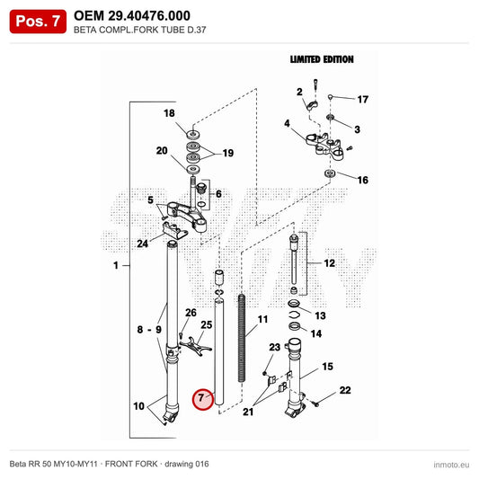 BETA COMPL.FORK TUBE D.37 – OEM 29.40476.000, position 7 on the Beta RR 50 MY10-MY11 front fork drawing