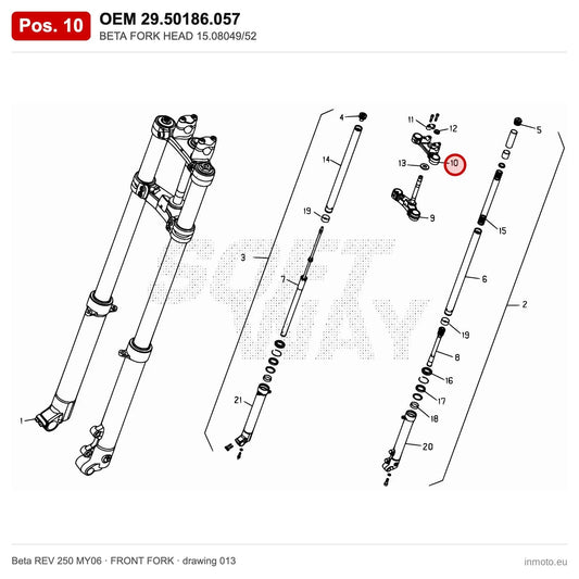 BETA FORK HEAD 15.08049/52 – OEM 29.50186.057, position 10 on the Beta REV 250 MY06 front fork drawing