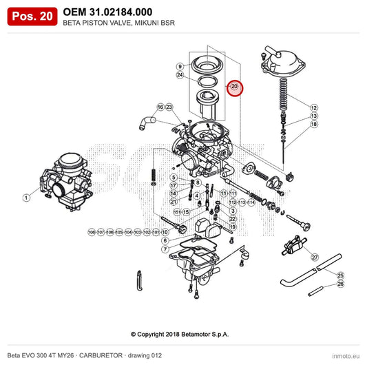 BETA PISTON VALVE, MIKUNI BSR – OEM 31.02184.000, position 20 on the Beta EVO 300 4T MY26 carburetor drawing