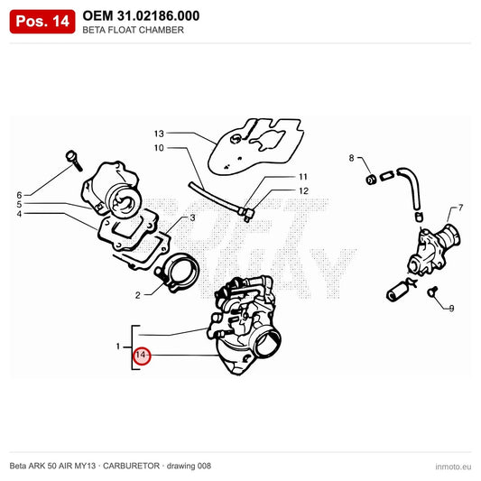 BETA FLOAT CHAMBER – OEM 31.02186.000, position 14 on the Beta ARK 50 AIR MY13 carburetor drawing