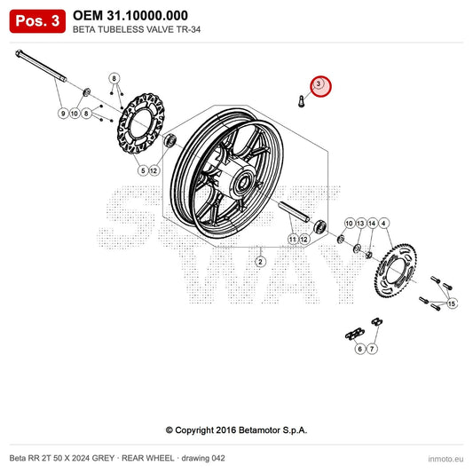 BETA TUBELESS VALVE TR-34 – OEM 31.10000.000, position 3 on the Beta RR 2T 50 X 2024 GREY rear wheel drawing