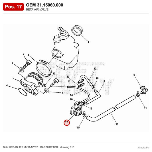 BETA AIR VALVE – OEM 31.15060.000, position 17 on the Beta URBAN 125 MY11-MY12 carburetor drawing