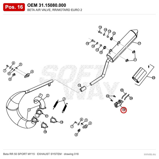 BETA AIR VALVE, RR/MOTARD EURO 2 – OEM 31.15080.000, position 16 on the Beta RR 50 SPORT MY15 exhaust system drawing
