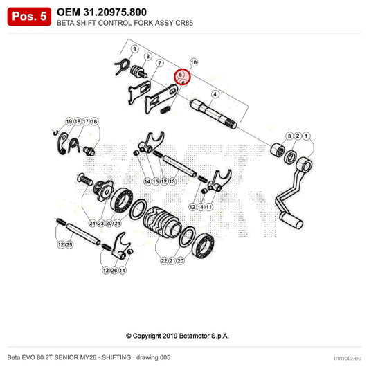 BETA SHIFT CONTROL FORK ASSY CR85 – OEM 31.20975.800, position 5 on the Beta EVO 80 2T SENIOR MY26 shifting drawing