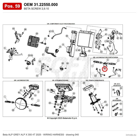 BETA SCREW 2,9.10 – OEM 31.22550.000, position 59 on the Beta ALP GREY ALP X 350 4T 2025 wiring harness drawing