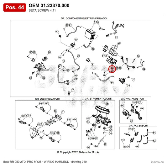 BETA SCREW 4.11 – OEM 31.23370.000, position 44 on the Beta RR 250 2T X-PRO MY26 wiring harness drawing