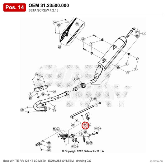 BETA SCREW 4,2.13 – OEM 31.23500.000, position 14 on the Beta WHITE RR 125 4T LC MY20 exhaust system drawing