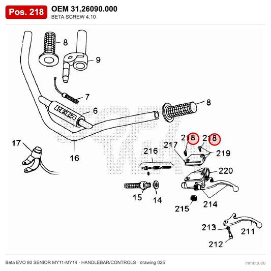 BETA SCREW 4.10 – OEM 31.26090.000, position 218 on the Beta EVO 80 SENIOR MY11-MY14 handlebar/controls drawing